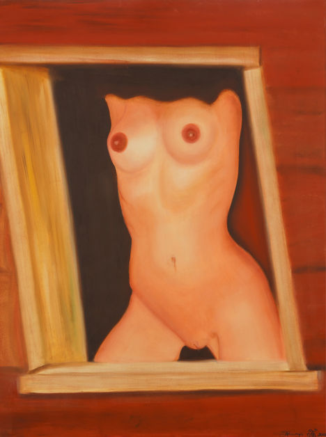 Surreal oil painting of a female figure emerging from a tilted picture frame, symbolizing transformation, identity, freedom, and the space between reality and imagination, artwork by Tatiana Schlederer.