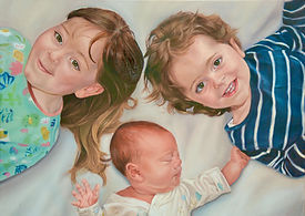 Oil Painting of 3 girls laid on a bed