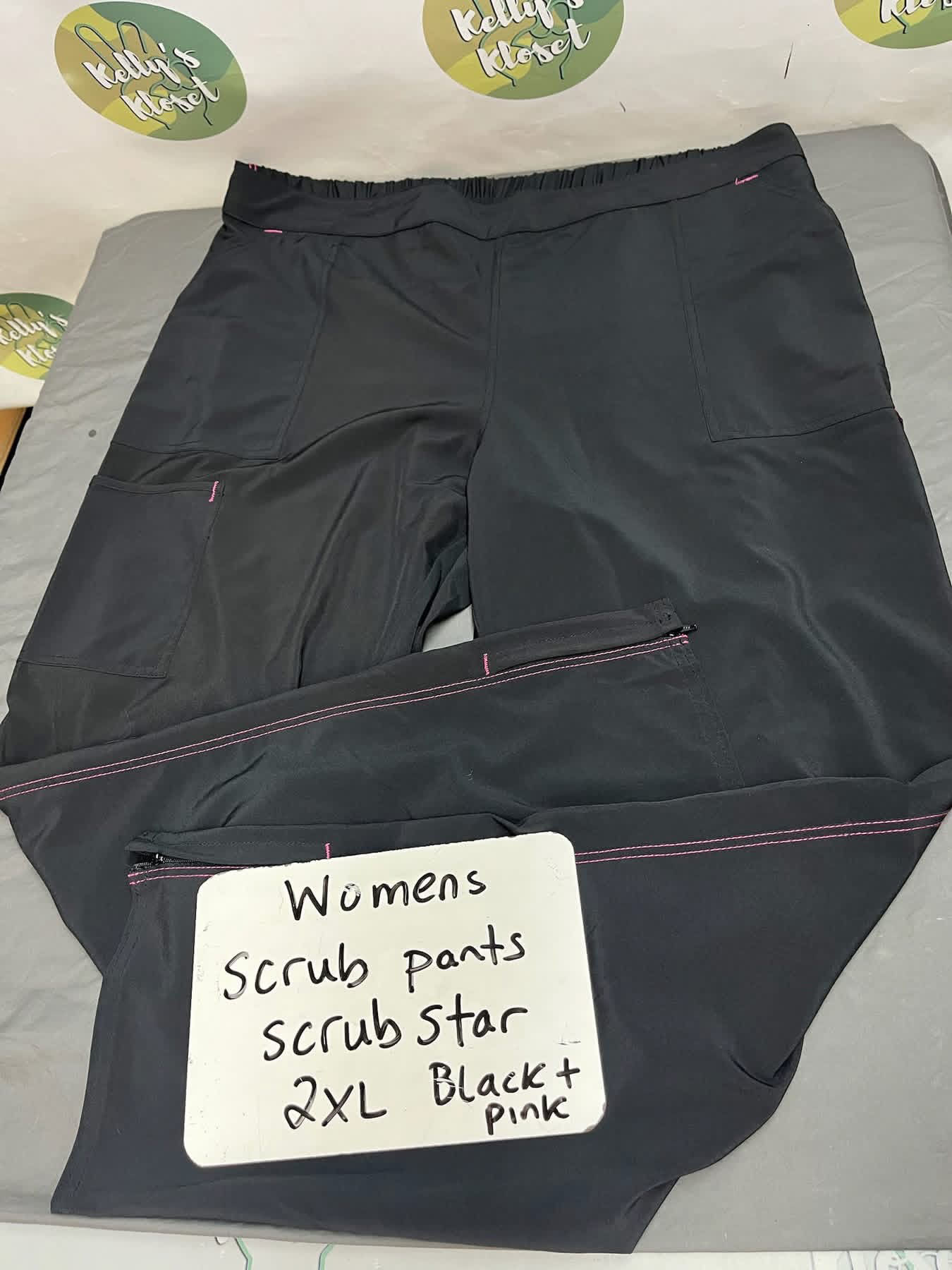 Womens Scrub Pants “Scrub Star” - Black+Pink - Size: 2XL