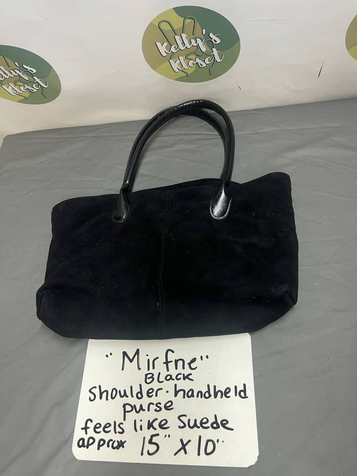 " Mirfne" Black Shoulder Handheld Purse - Feels like Suede - Approx 15”x10” 