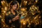 Woman in black jacket using phone, surrounded by digital icons. "ASN Awards 2026" text in gold. Crowd and bright lights in background.