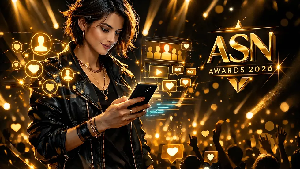 Woman in black jacket using phone, surrounded by digital icons. "ASN Awards 2026" text in gold. Crowd and bright lights in background.