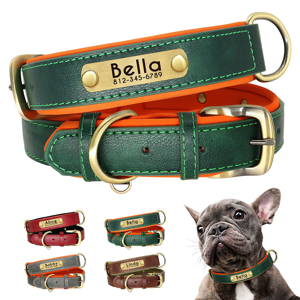 Coleira para cães personalizada em couro PU com placa de identificação