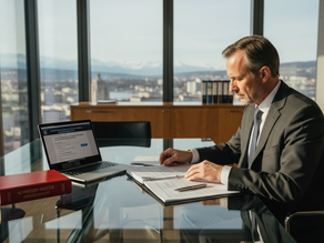 Professional reviewing documents in Swiss office