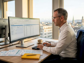 HR manager working on Swiss payroll in city office