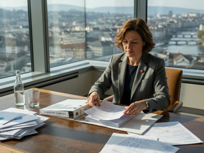 Swiss administrator sorting annual reports in office