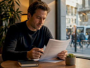 Entrepreneur reviewing Swiss residency documents at desk