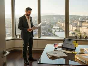Entrepreneur reviewing documents in Swiss office with Zurich view