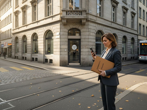 Swiss businesswoman outside registered office entrance