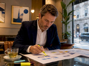 Business analyst reviewing divisional structure charts