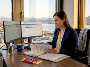 Fiduciary expert reviewing files in Swiss office