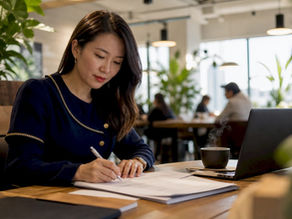 Woman signing international business documents at office