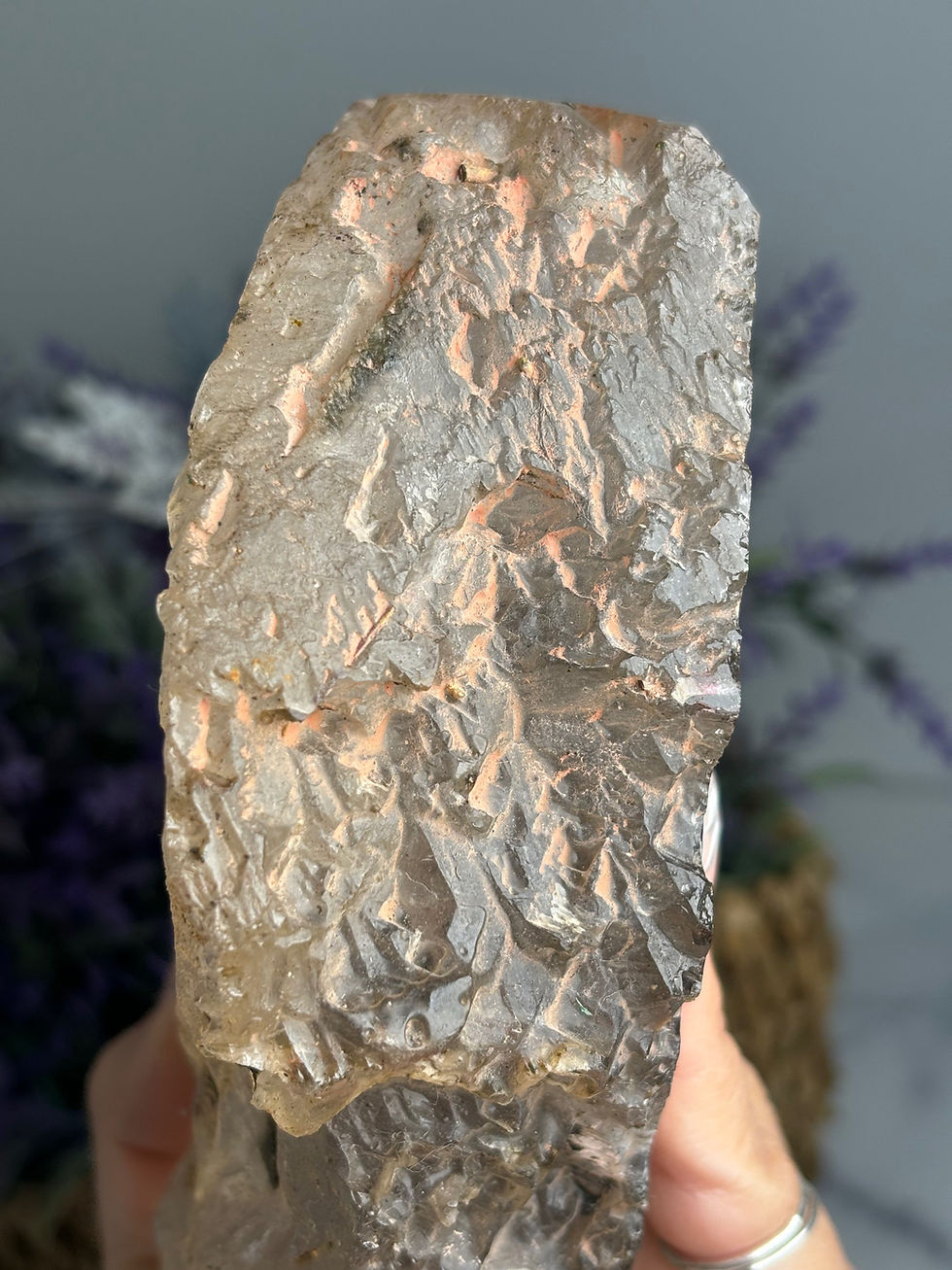 Thumbnail: Copper and Gold Rutile in Quartz Partially Polished Collector Piece + Stand