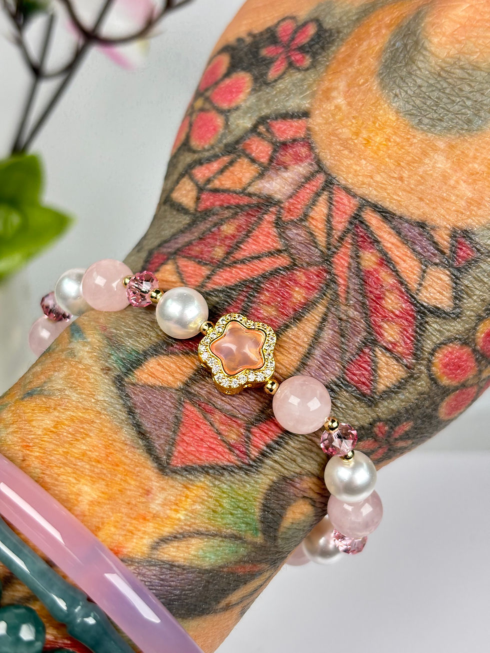 Thumbnail: 8mm Rose Quartz Star Charm Bracelet 