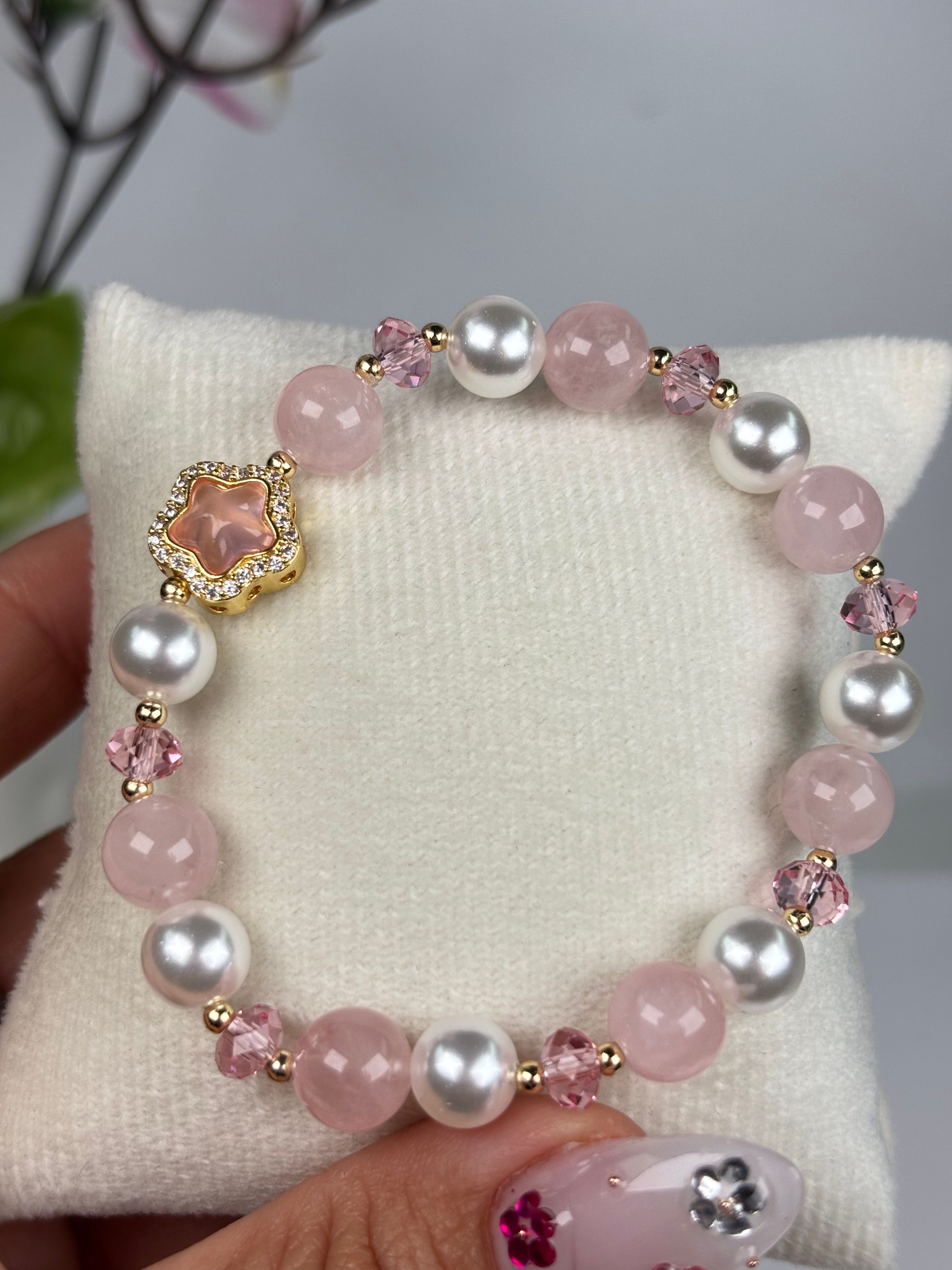 8mm Rose Quartz Star Charm Bracelet 