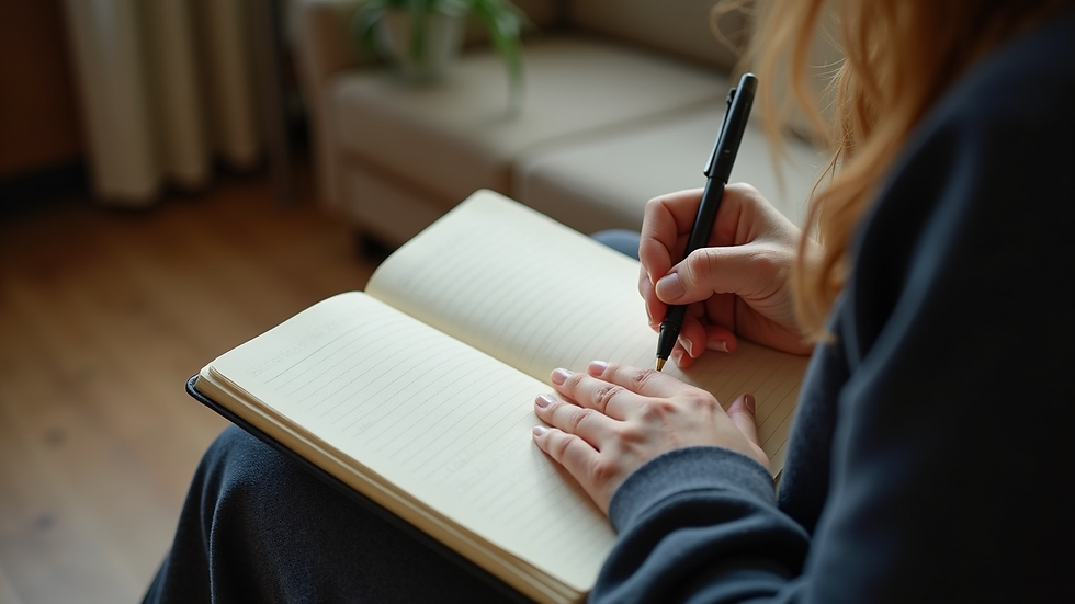 High angle view of a person writing notes in a journal