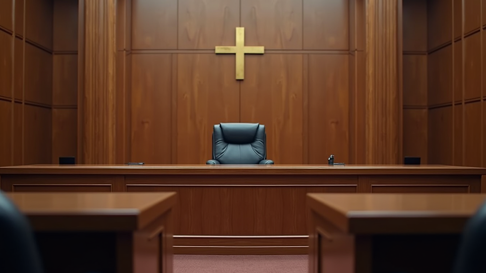 eye-level view of courtroom with empty judge's bench