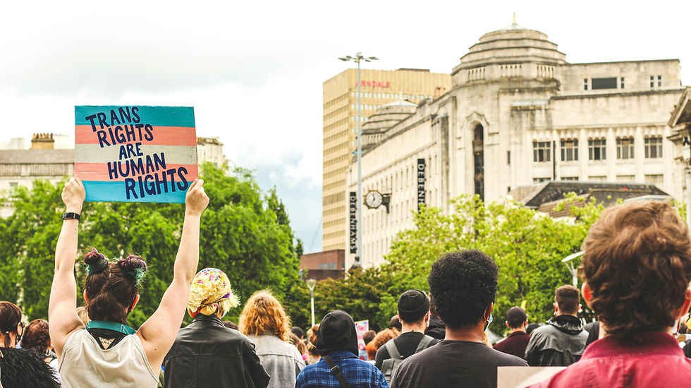 Trans rights protest with a person holding up a sign colored as the Trans flag with the words "Trans rights are human rights".