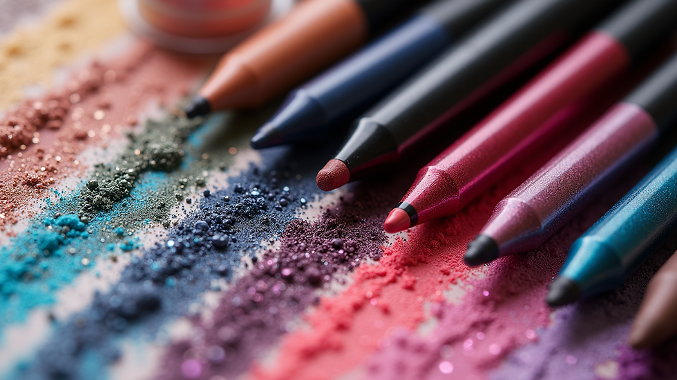 High angle view of colorful makeup products including eyeliners and glitter pots