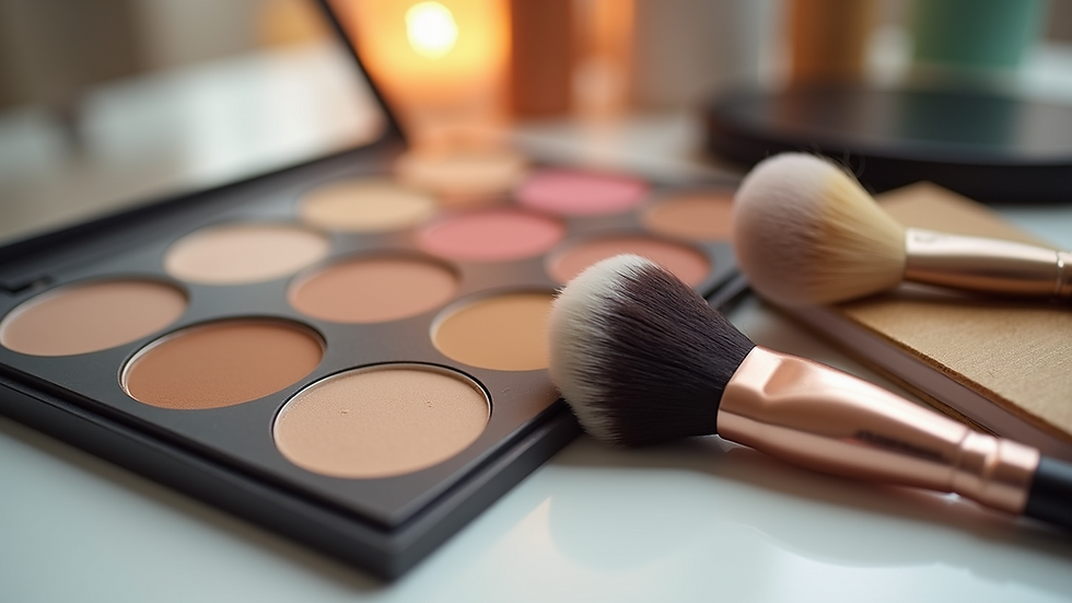 Eye-level view of makeup brushes and foundation palette on a vanity