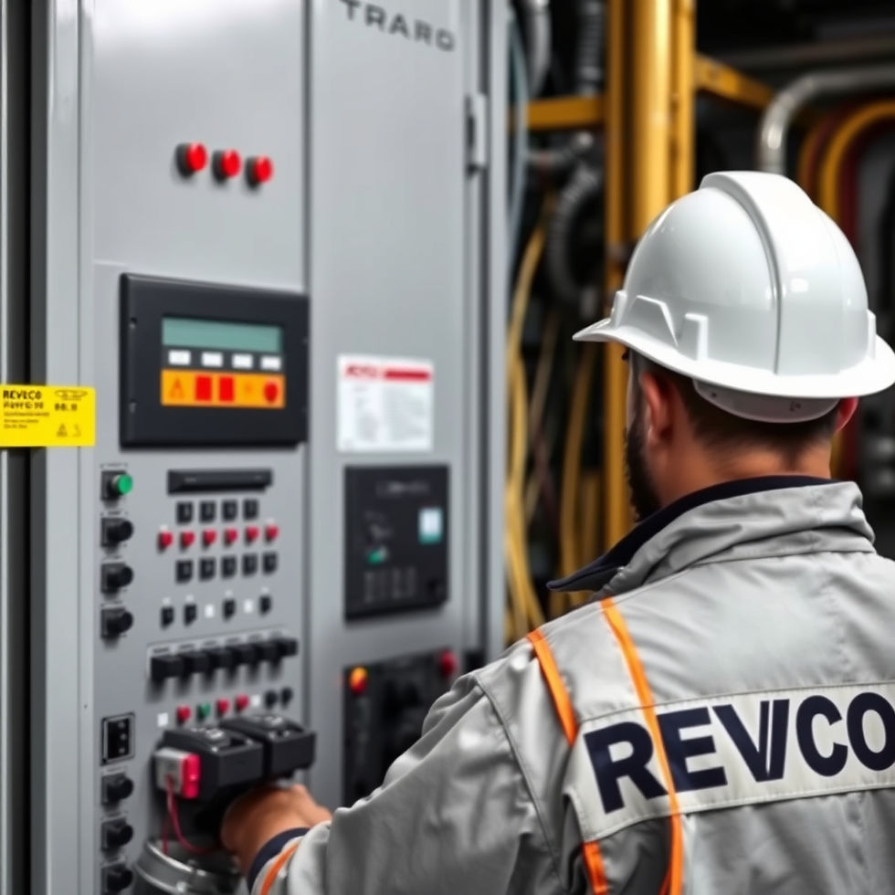 industrial electrical panel with a worker wearing a hard hat and a work jacket that says _