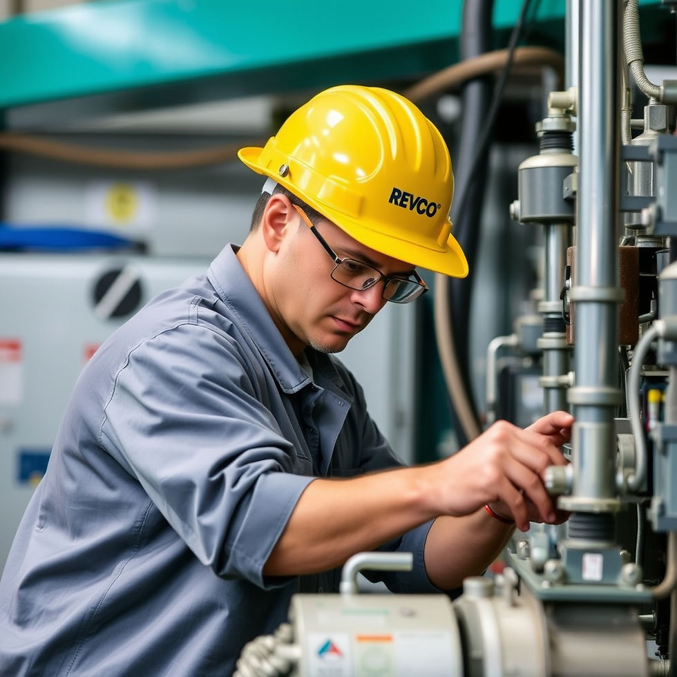 REVCO technician, wearing a har hat, providing maintenance on an industrial machine.jpg