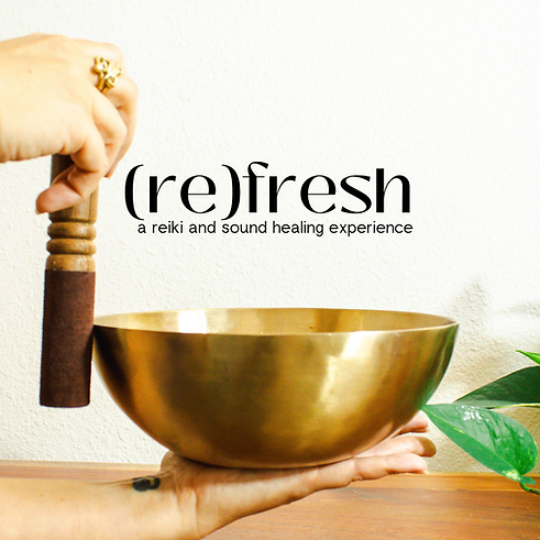 A hand holds a golden Tibetan singing bowl while the other hand holds the inviter at the rim of the bowl, as if playing it.