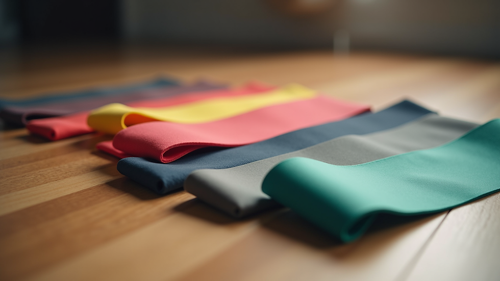 Close-up view of a set of colorful resistance bands laid out on a wooden floor