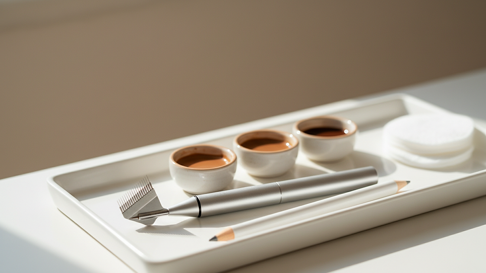 Close-up view of microblading and pigment tools arranged on a clean tray.