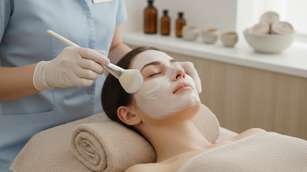 Close-up view of a hydrating facial mask being applied with a soft brush.