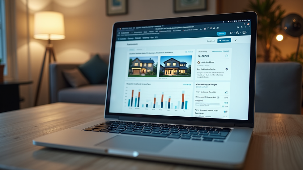 Close-up view of a laptop screen showing real estate listings and marketing analytics