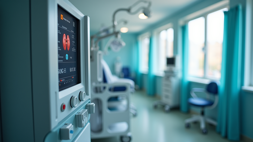 Close-up view of kidney dialysis machine in clinical setting