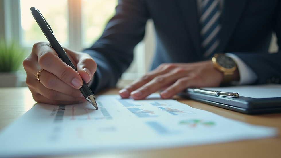 Eye-level view of a small business owner reviewing financial documents at a desk