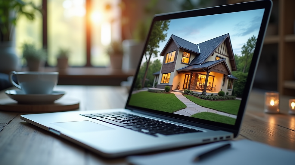 Close-up view of a laptop screen showing a real estate virtual tour