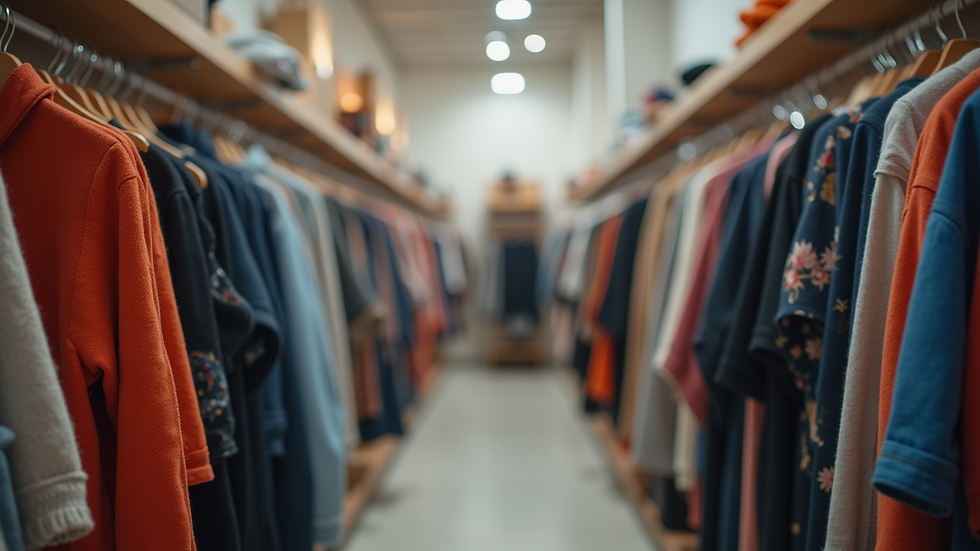 Eye-level view of a clothing rack featuring trendy social media merchandise