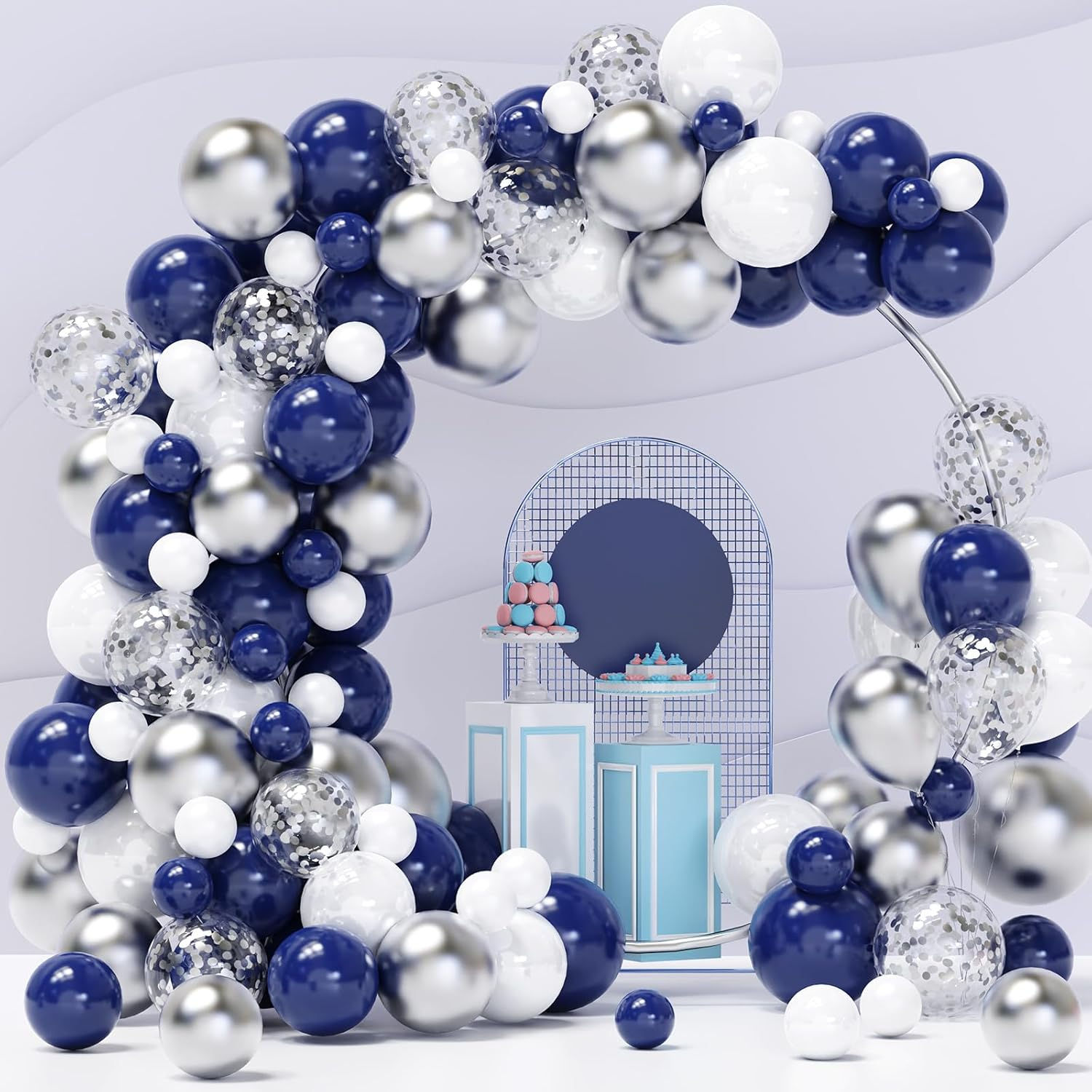 Midnight Gala Navy, White & Silver Confetti Balloon Arch Kit (120-Piece)