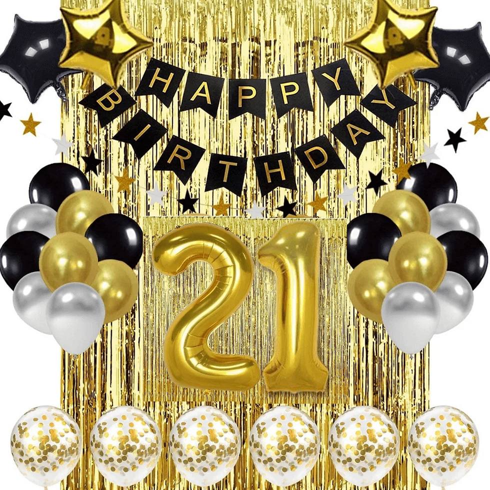 21st birthday black and gold styling kit with gold fringe curtain, balloons and banners