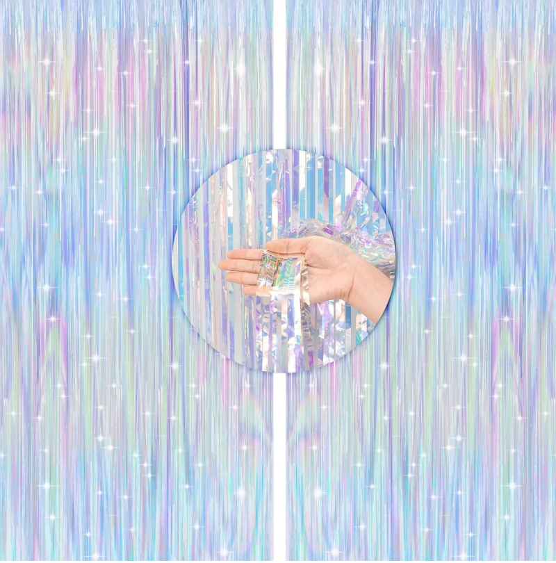Full iridescent holographic fringe party backdrop curtain