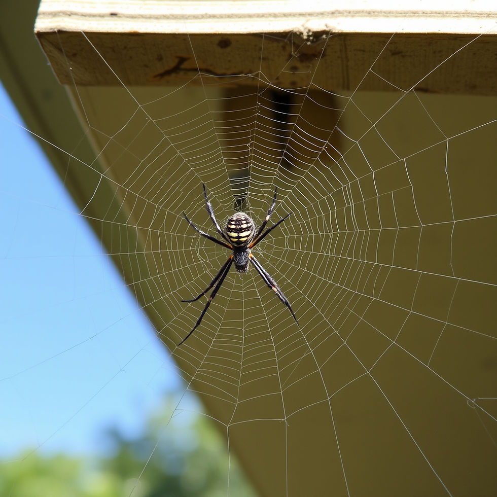 A black widow in a web with the web built in the eave of a house.jpg