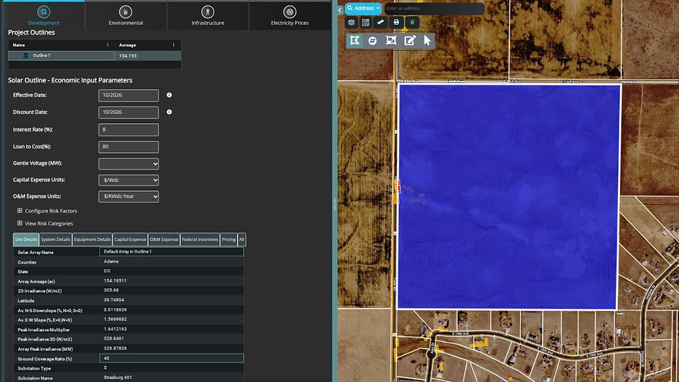 Screenshot of landgate's solar analysis tool for modeling project economics