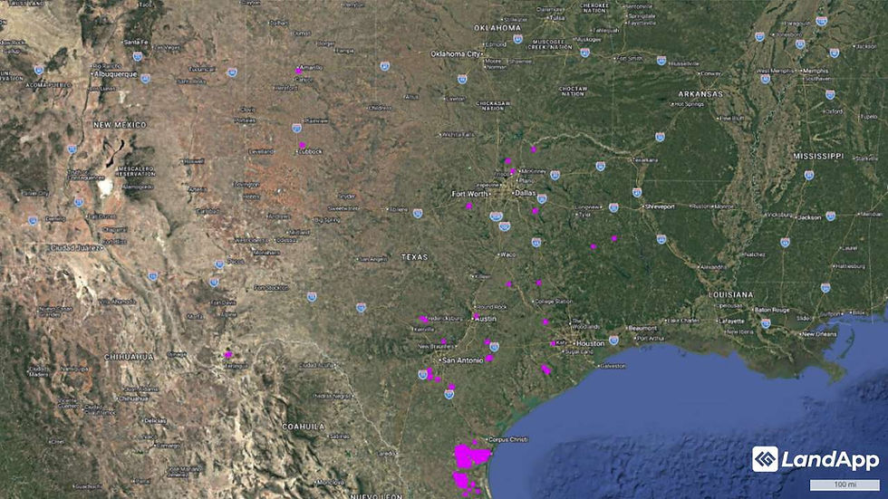 Map of King Ranch properties in Texas on LandApp's map screenshot