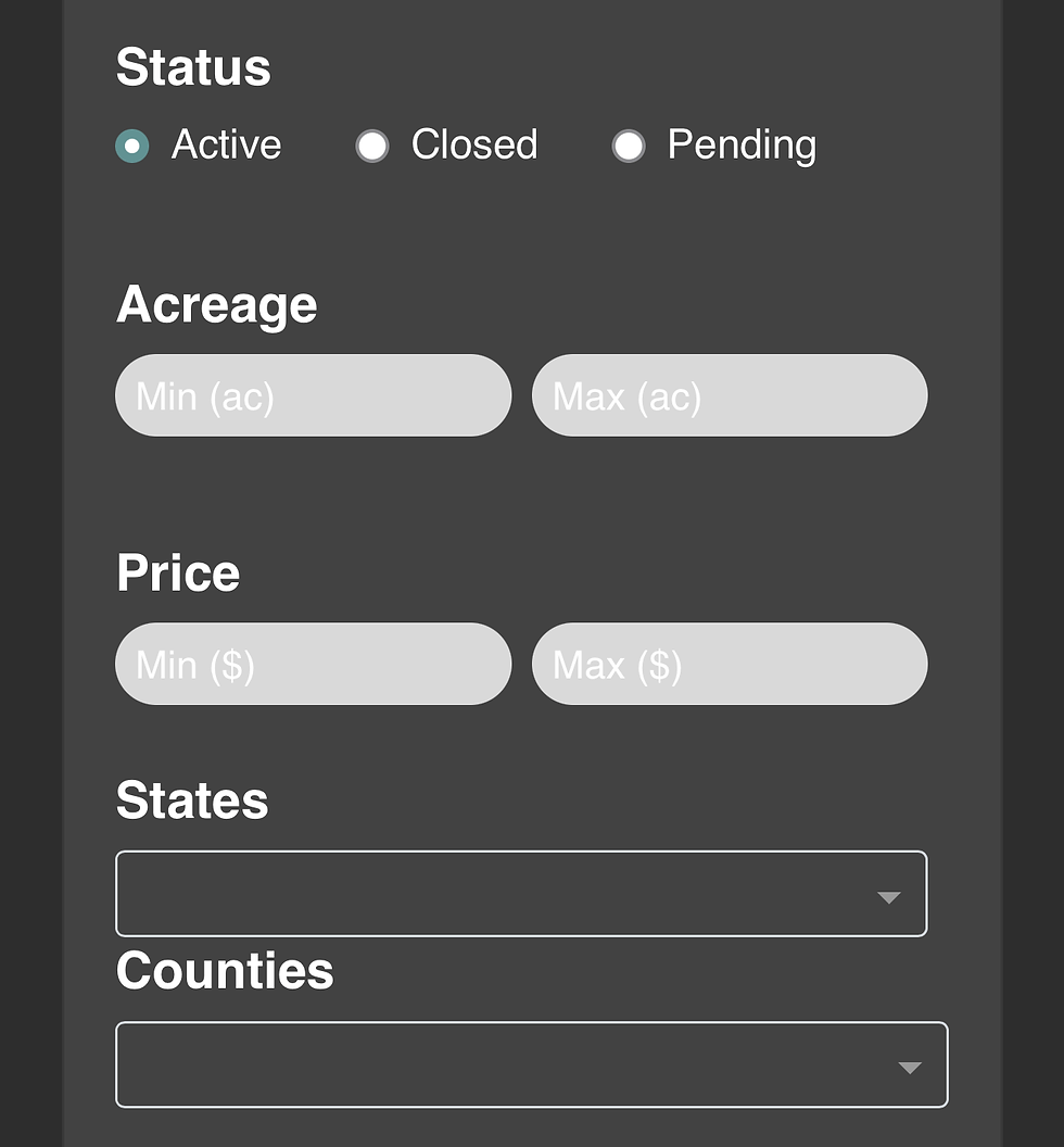 Listing Filters Screenshot from LandApp how to search for properties
