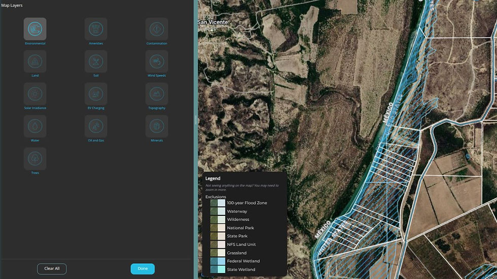 Screenshot of LandApp's parcel map showing flood zones along the Rio Grande River