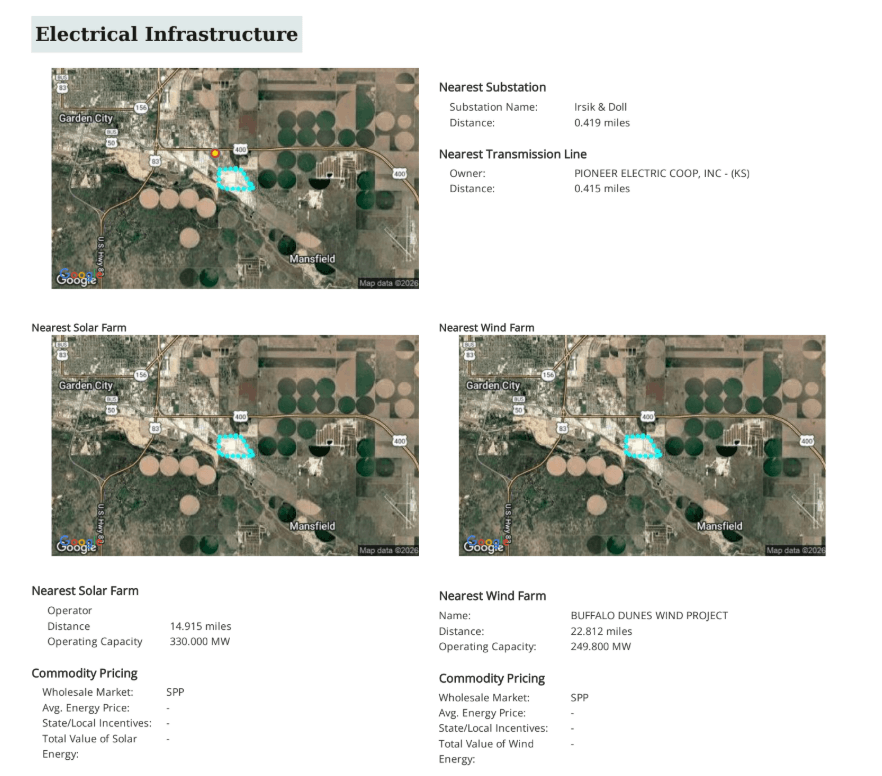 Solar lease land estimate from a landapp property report screenshot showing proximity to electrical infrastructure