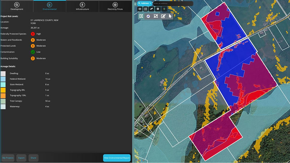 Screenshot of landGate solar analysis tool showing environmental hazards for a potential project