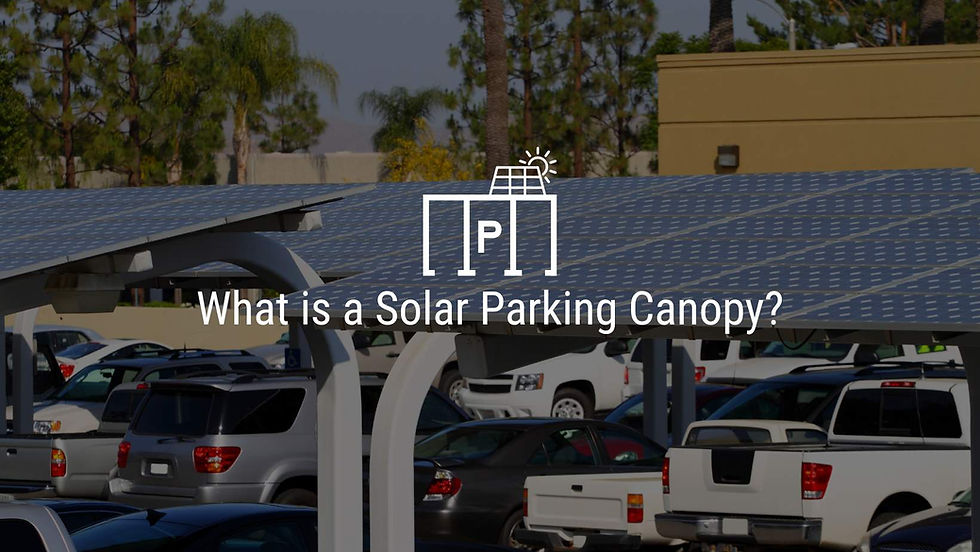 Photograph of a solar parking canopy with cars underneath