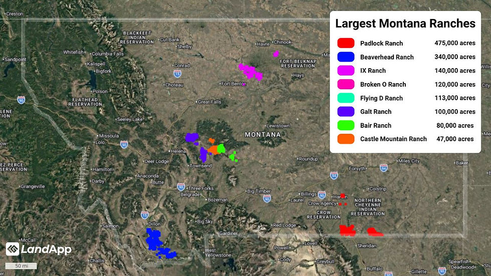 Map showing the largest ranches in Montana on LandApp