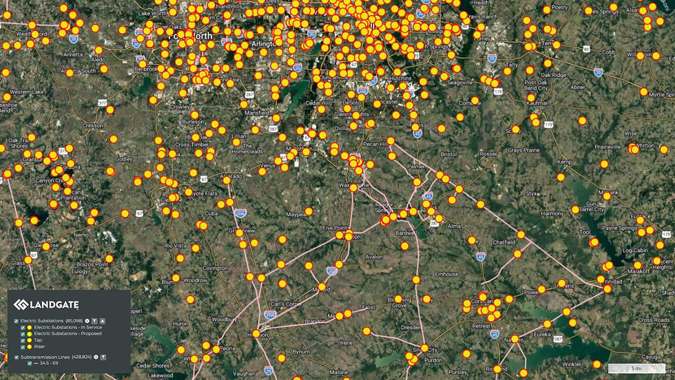 Map of substations, transmission lines, and subtransmission lines near fort Worth, TX from LandGate's platform