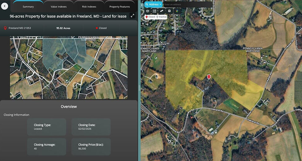 Screenshot showing a property leased for solar energy through LandApp, lease payments are 6 thousand per year