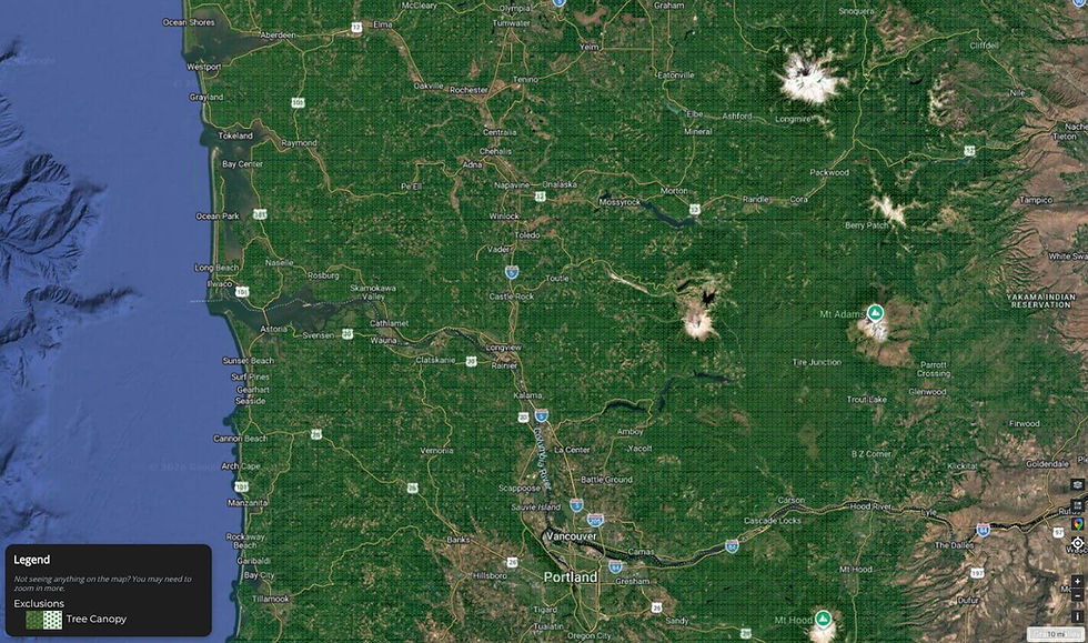 Screenshot of tree coverage in Oregon and Washington from the LandApp map where carbon credits are most valuable